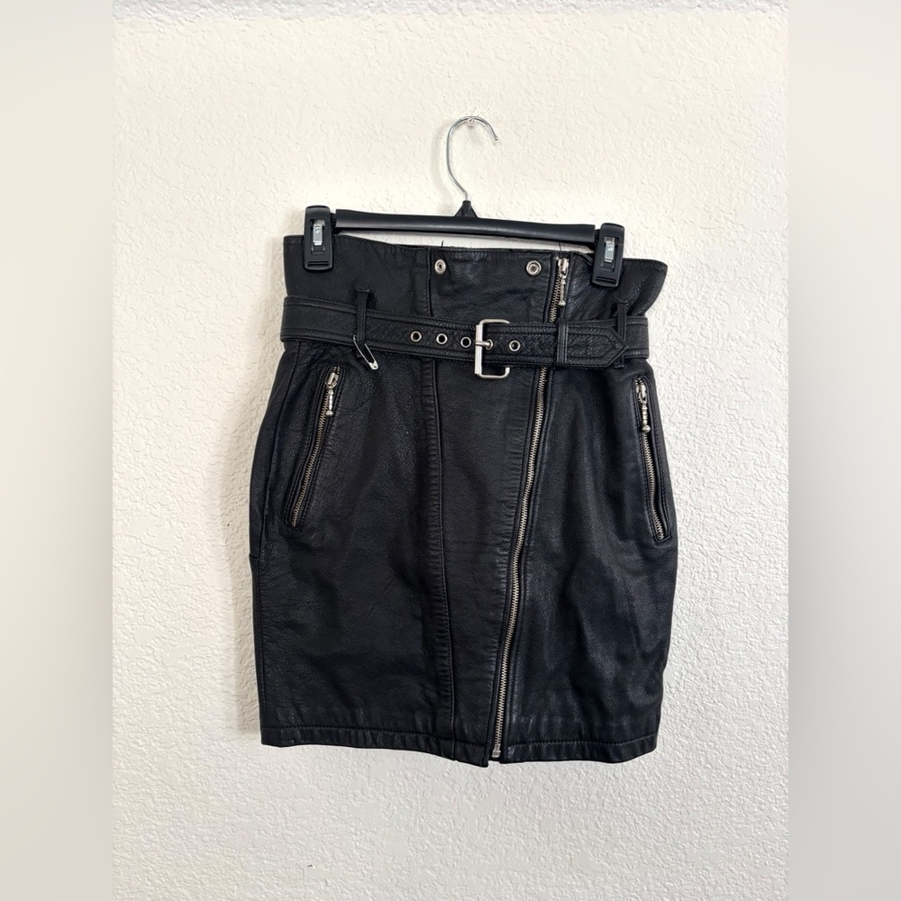No! Jeans Skirt 7/8 Black Leather Moto Asymmetric Zip Belted Mini
